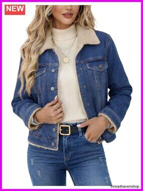 Sherpa Lined Denim Jacket Fleece Jean Coat Fur Collar Button Down Trucker